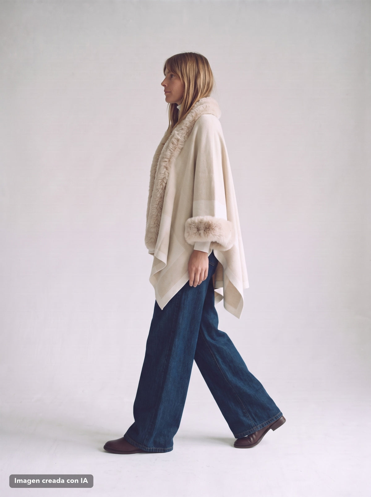 Poncho de punto con cuello de pelo marfil para mujer - G-Barcelona