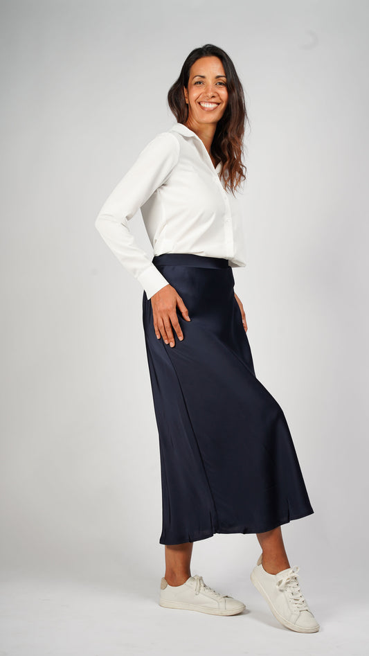 Long Navy Satin Skirt