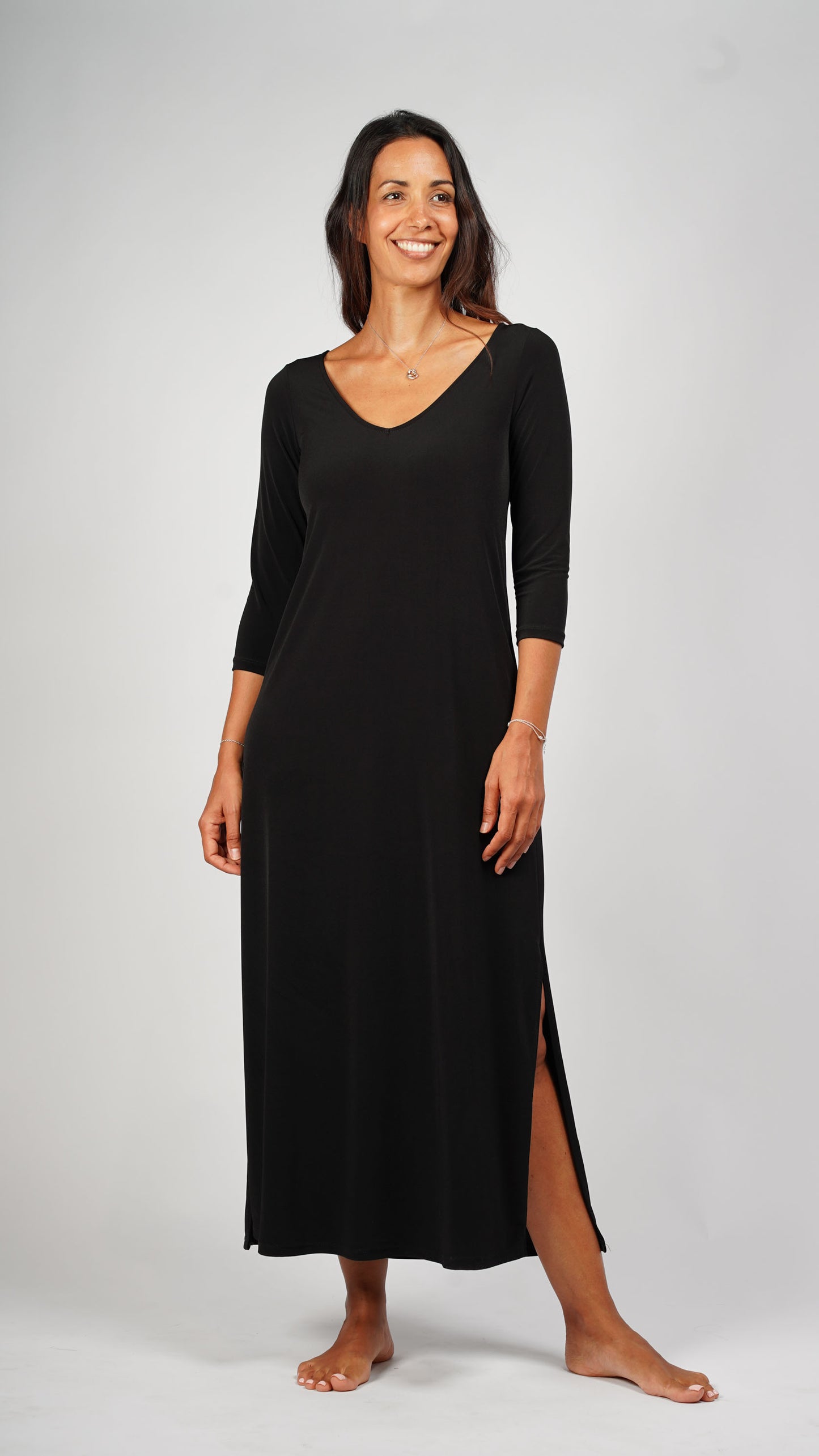 Long V-neck Plain Black Dress