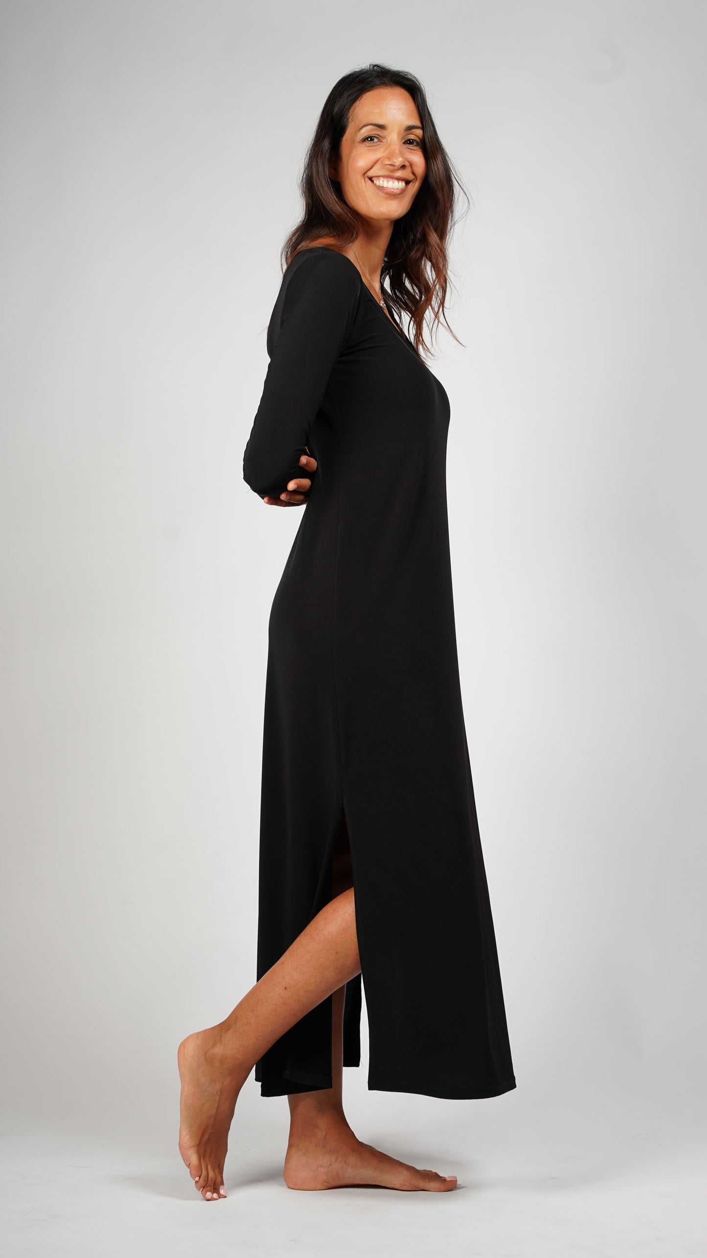 Long V-neck Plain Black Dress