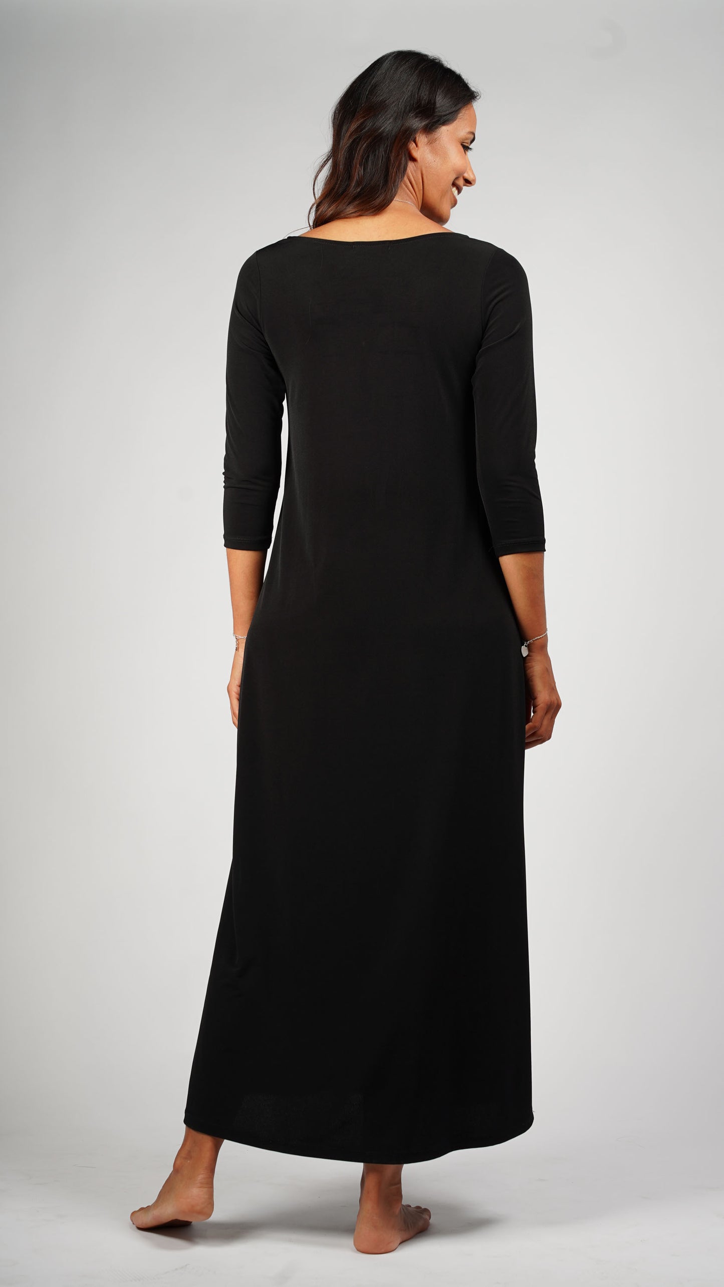 Long V-neck Plain Black Dress