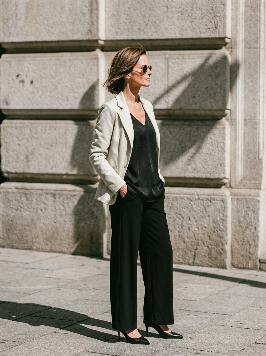 Americana marfil con blusa negra y pantalón negro, look de calle