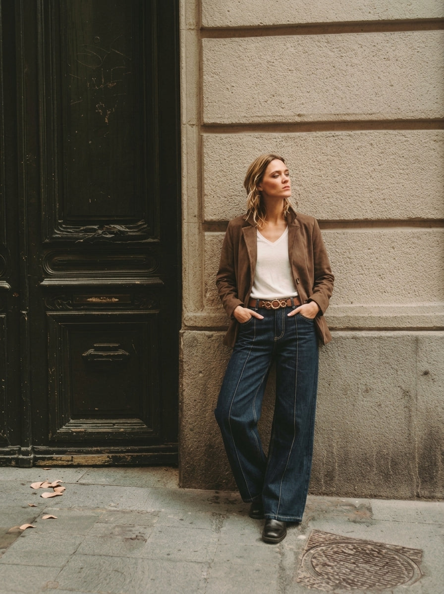 Americana de antelina marrón para mujer con camiseta blanca y vaquero ancho