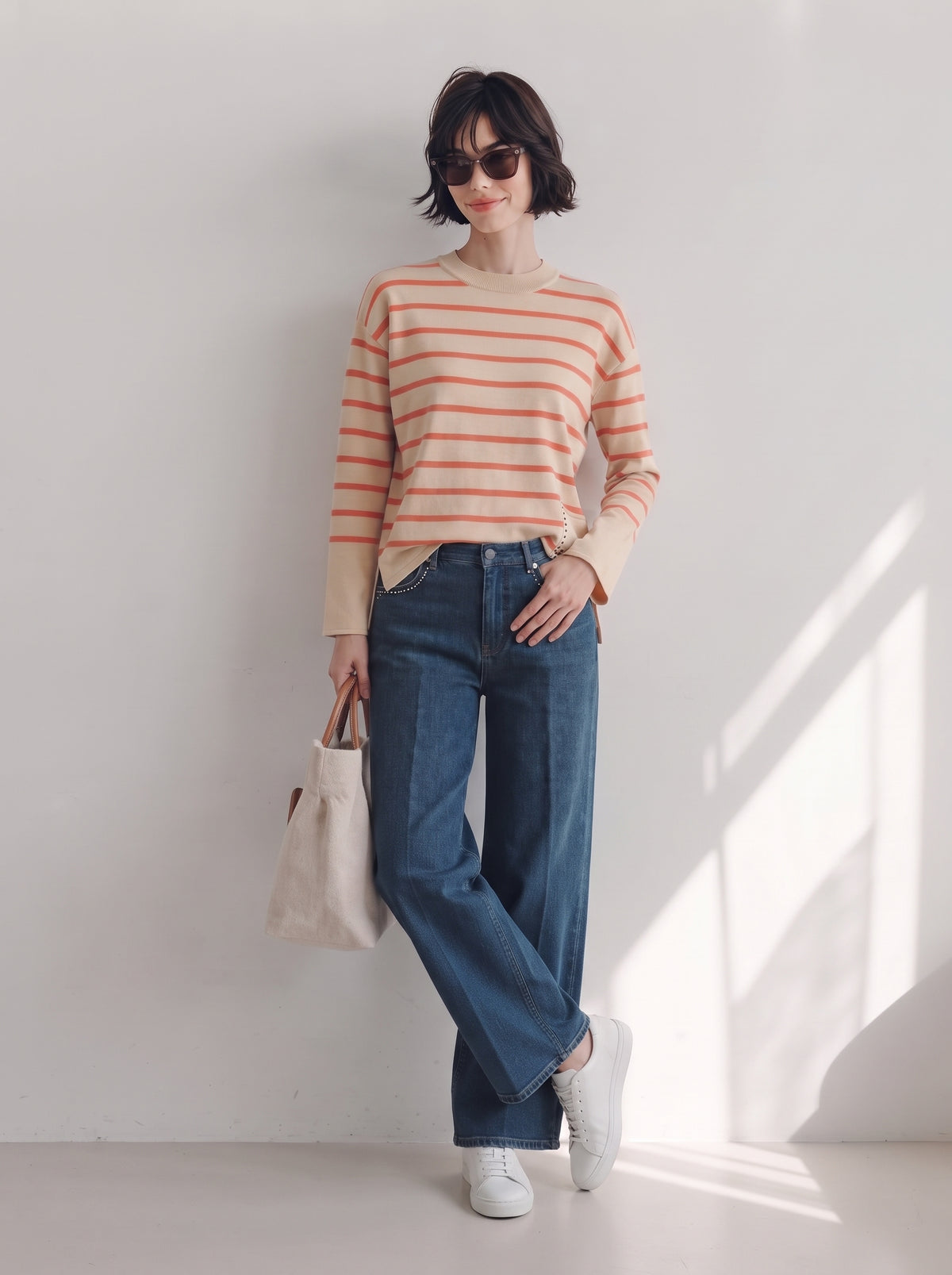 Jersey de rayas naranja sobre fondo crudo con tejanos rectos y zapatillas blancas, cuerpo entero