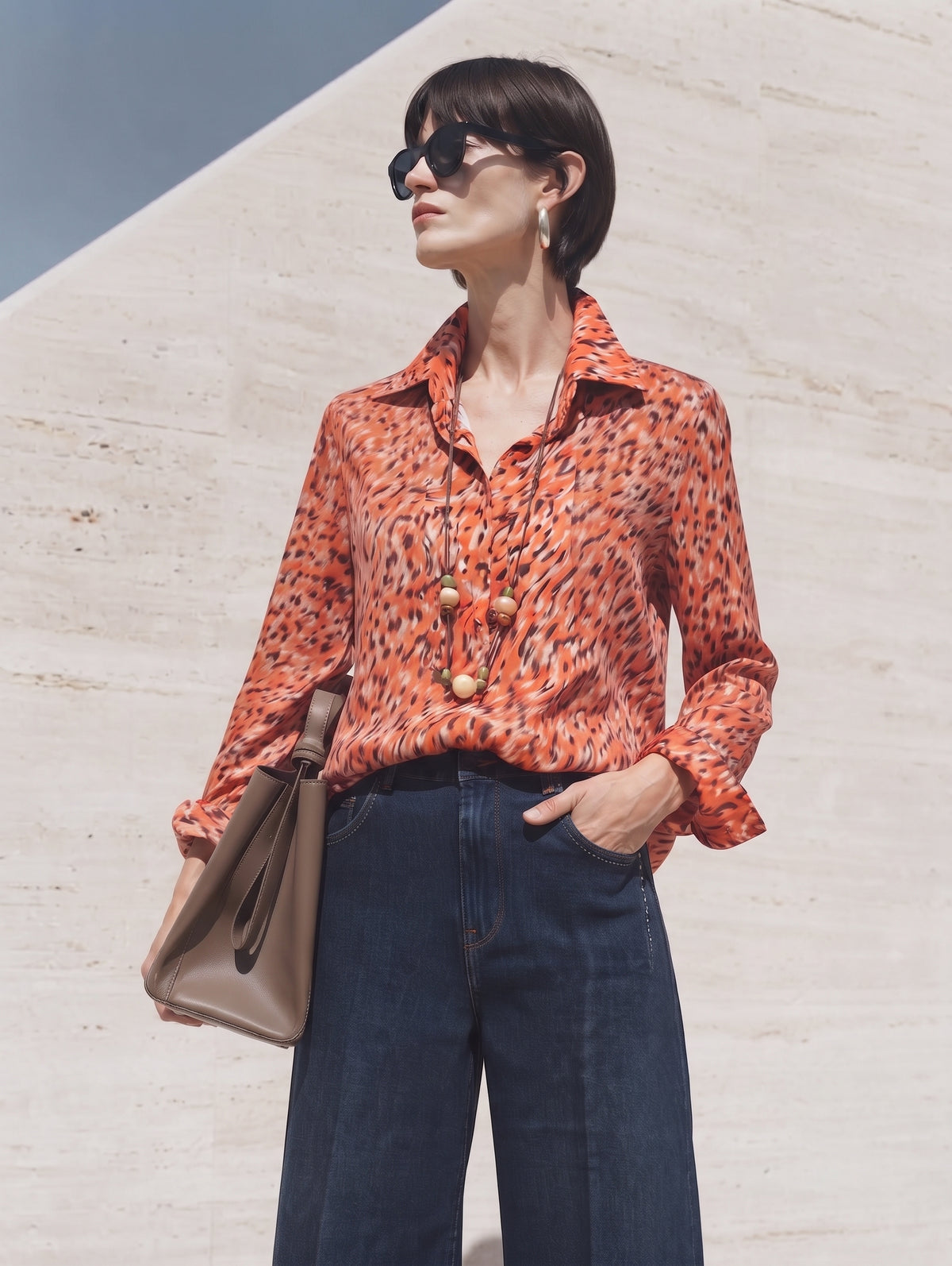Camisa naranja estampada para mujer con collar largo y tejanos oscuros, plano medio