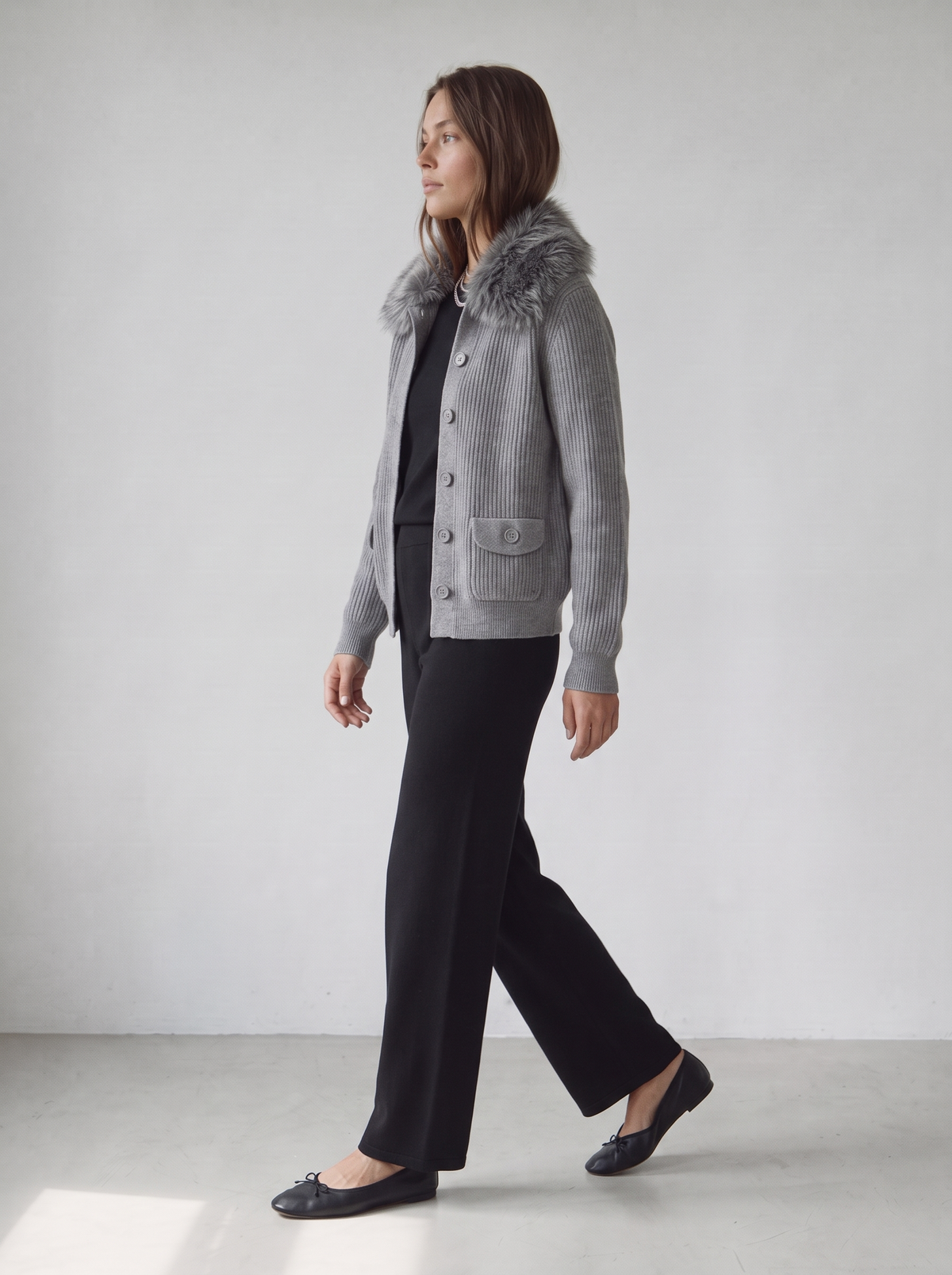 Chaqueta de punto con cuello de pelo gris para mujer - G-Barcelona