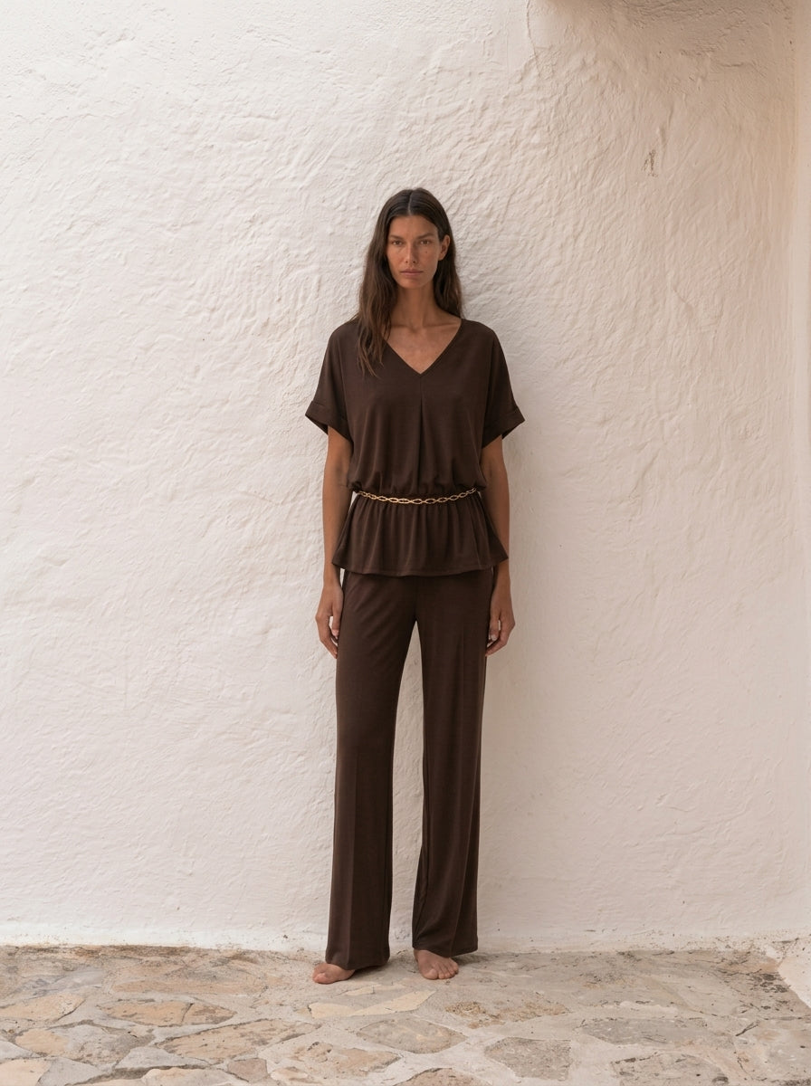 Pantalón fluido de punto marrón para mujer - G-Barcelona