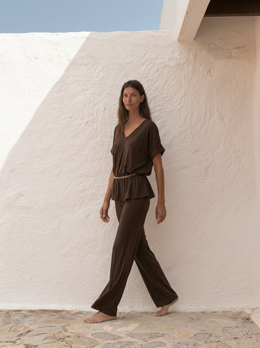 Pantalón fluido de punto marrón para mujer - G-Barcelona