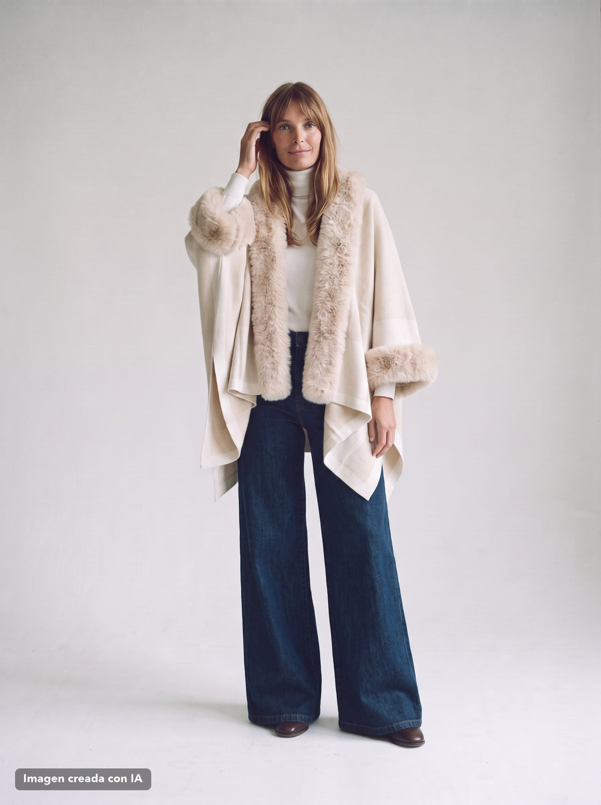 Poncho de punto con cuello de pelo marfil para mujer - G-Barcelona