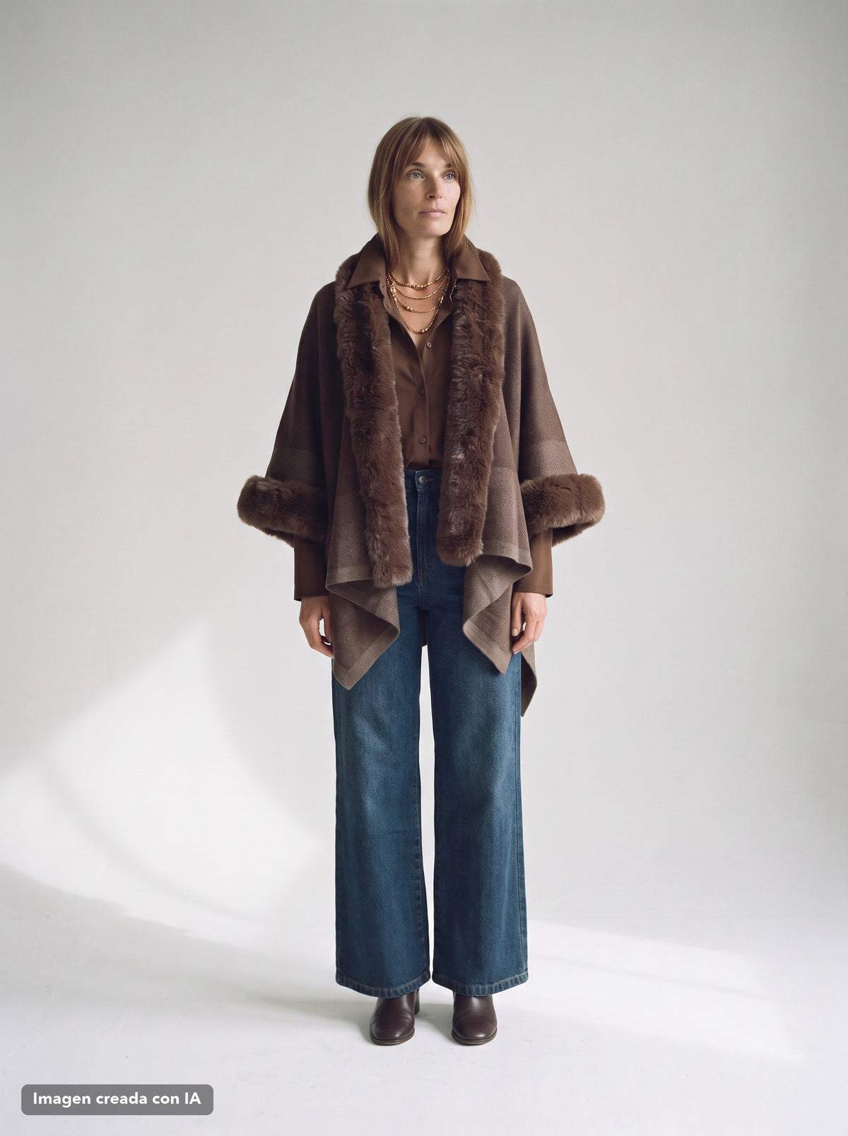 Poncho de punto con cuello de pelo marrón para mujer - G-Barcelona