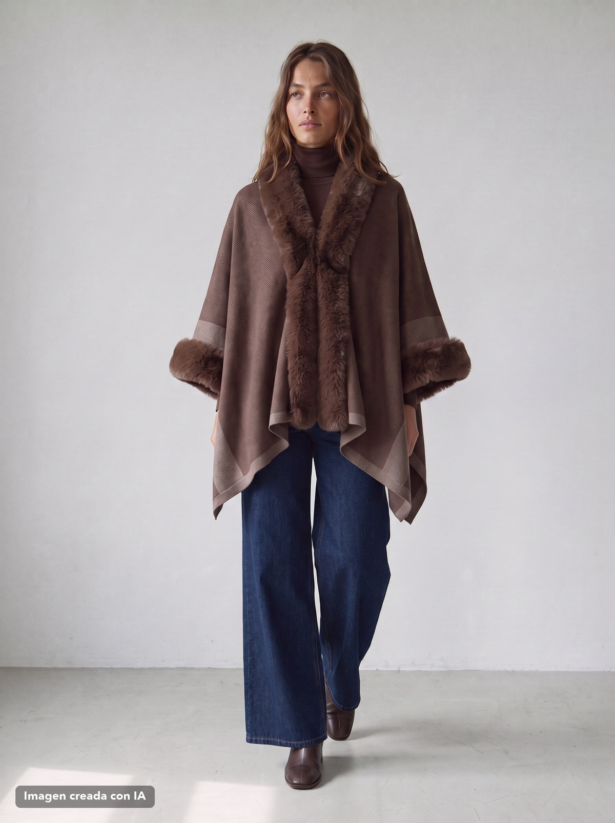 Poncho de punto con cuello de pelo marrón para mujer - G-Barcelona