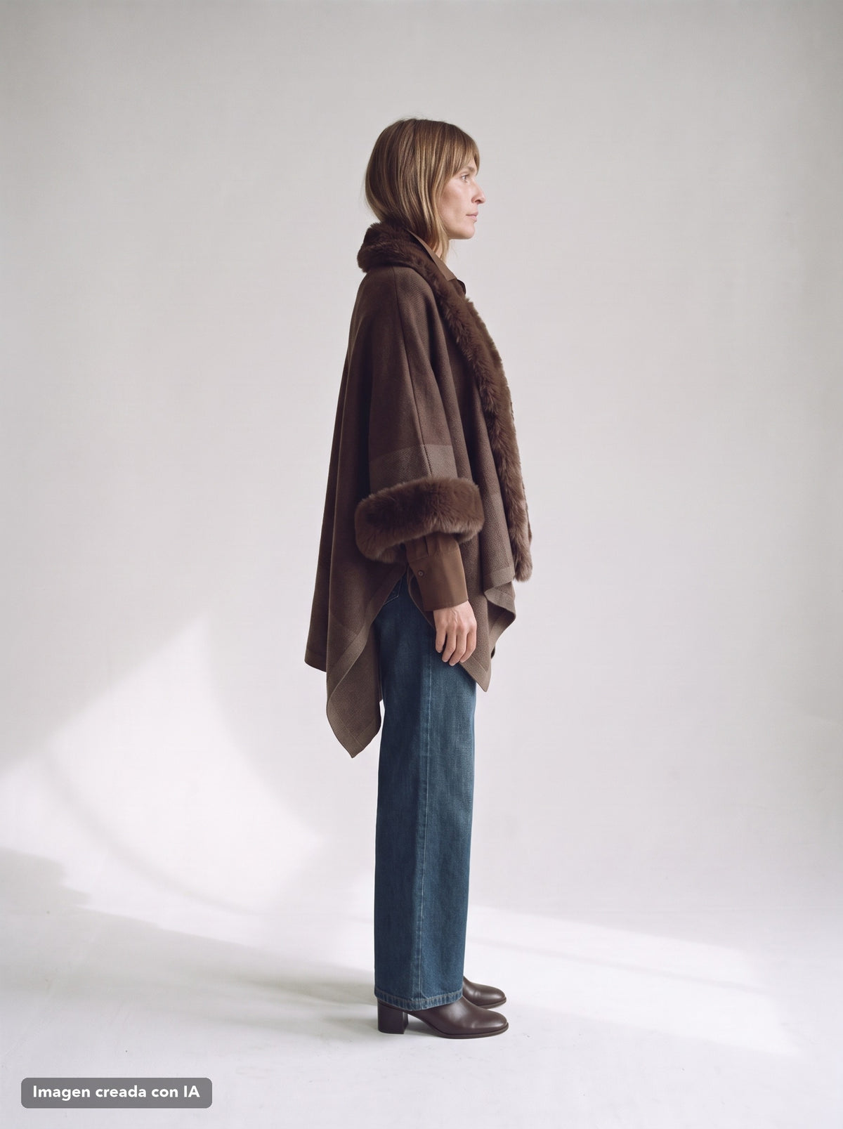 Poncho de punto con cuello de pelo marrón para mujer - G-Barcelona