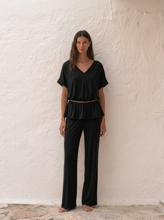 Top de manga corta con escote en V negro para mujer - G-Barcelona